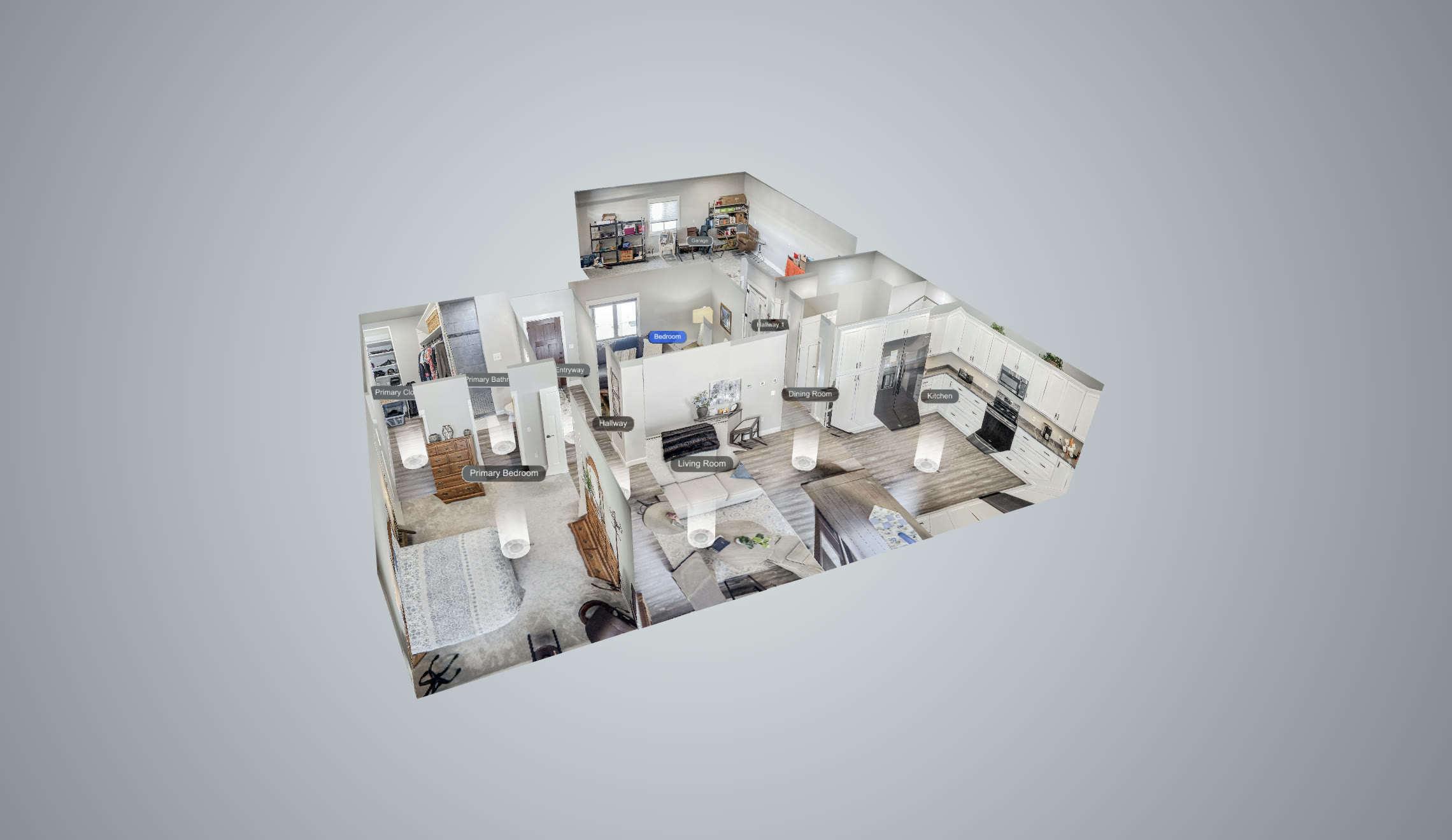 Asteroom 3D dollhouse view of a home listing showing every room