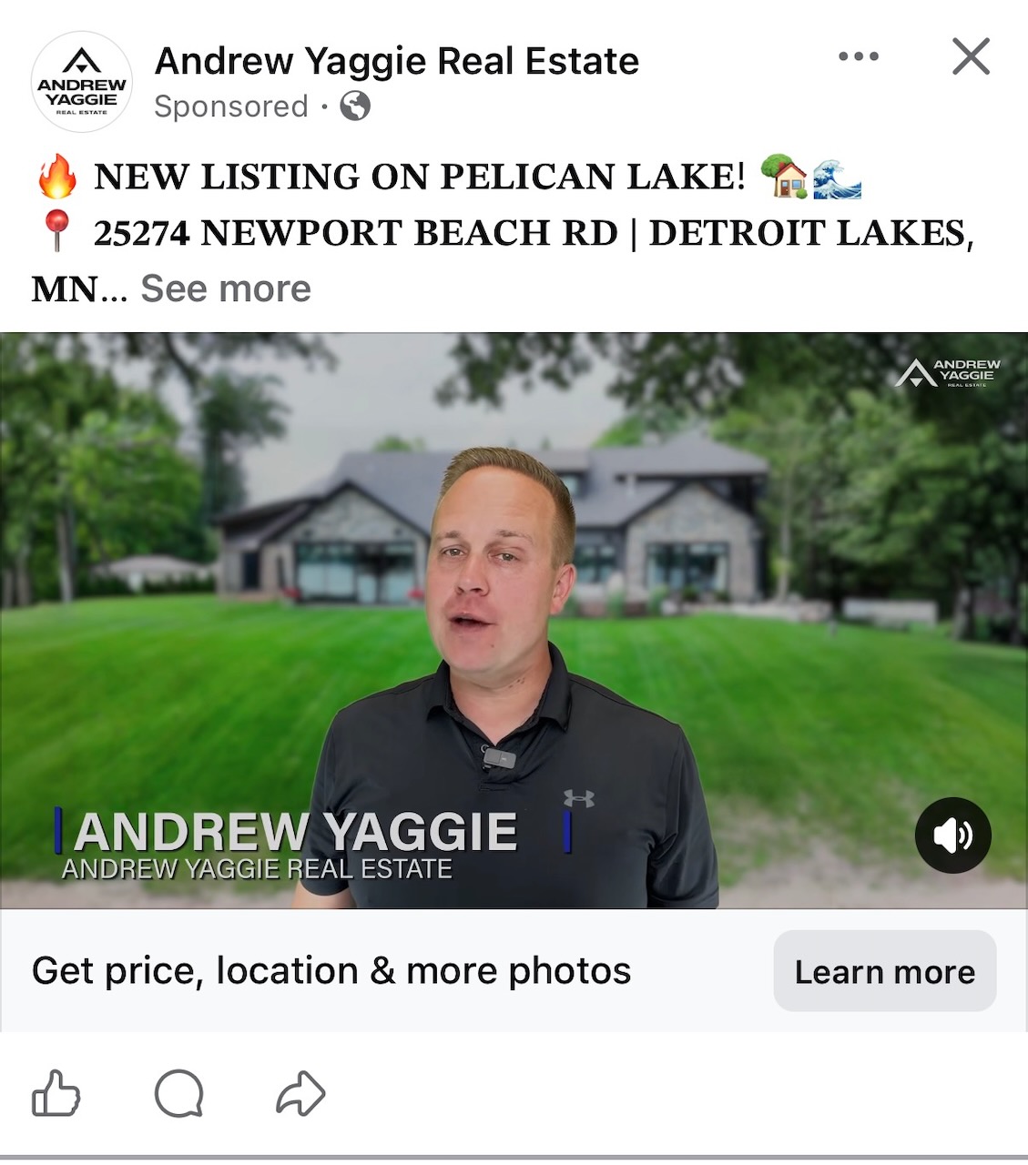 A targeted Facebook ad for an Andrew Yaggie Real Estate listing on Pelican Lake